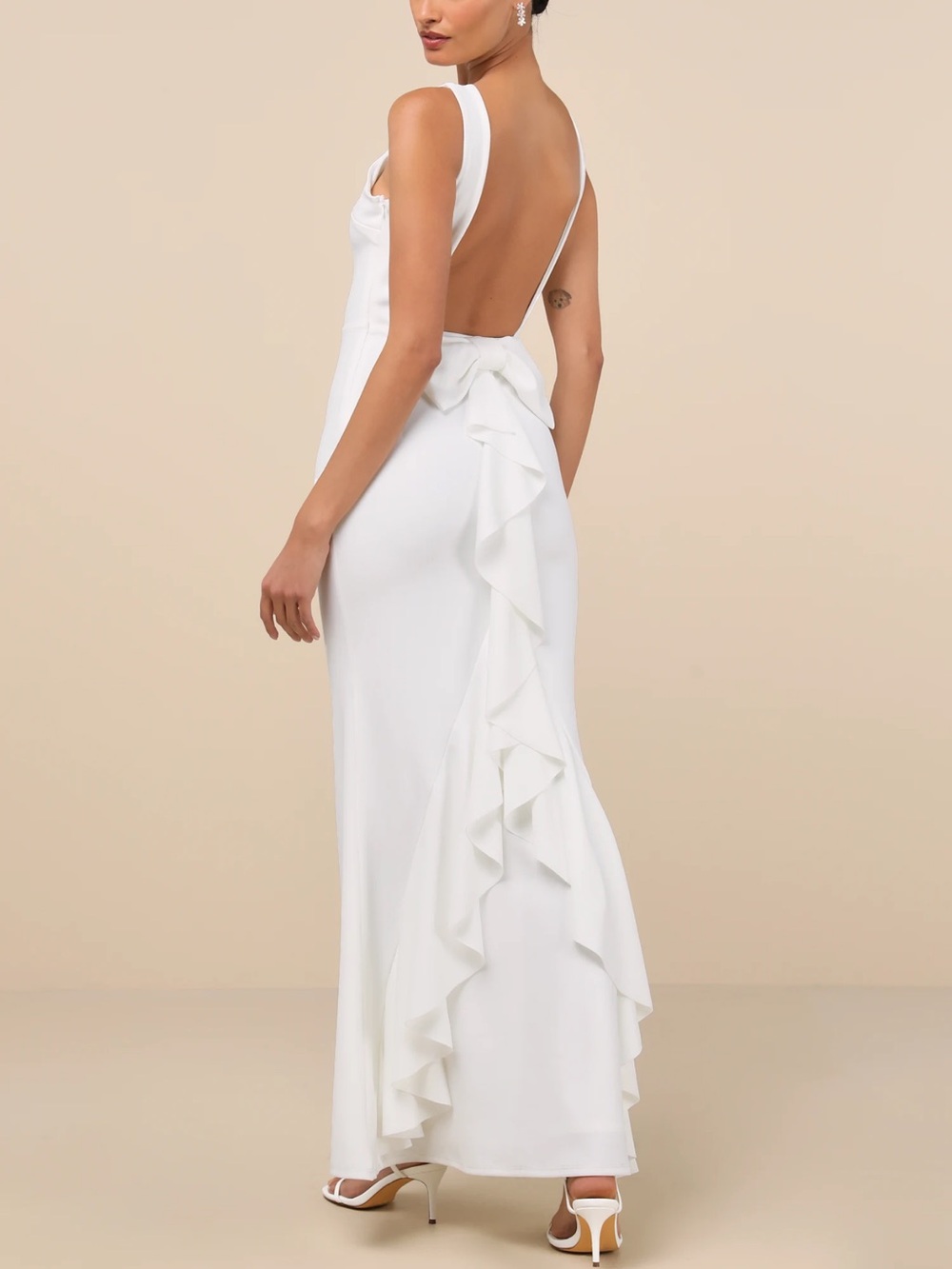 Lulu's White Backless Ruffle Gown